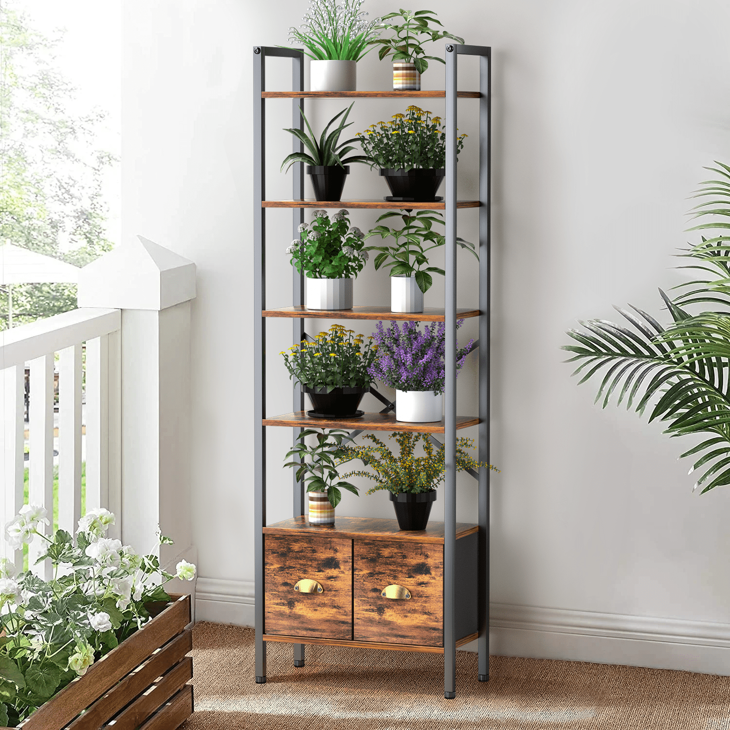 BEHOST Bookshelf with 6 Tiers, Tall Bookcase 70in with 2 Fabric Drawers, Wood Shelves for Home, Office, 1 Pack, Rustic Brown