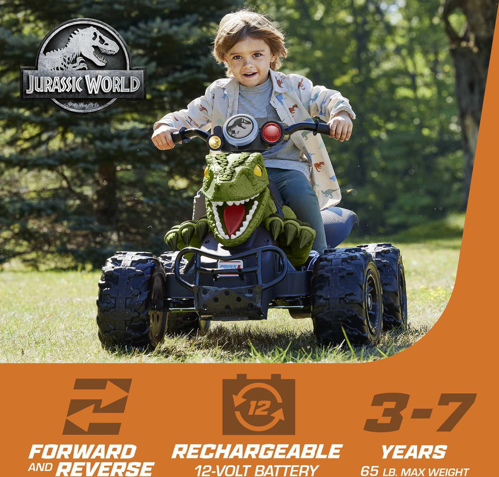 12V Power Wheels Jurassic World Dino Racer Battery-Powered Ride-On ATV Dinosaur Toy, Green