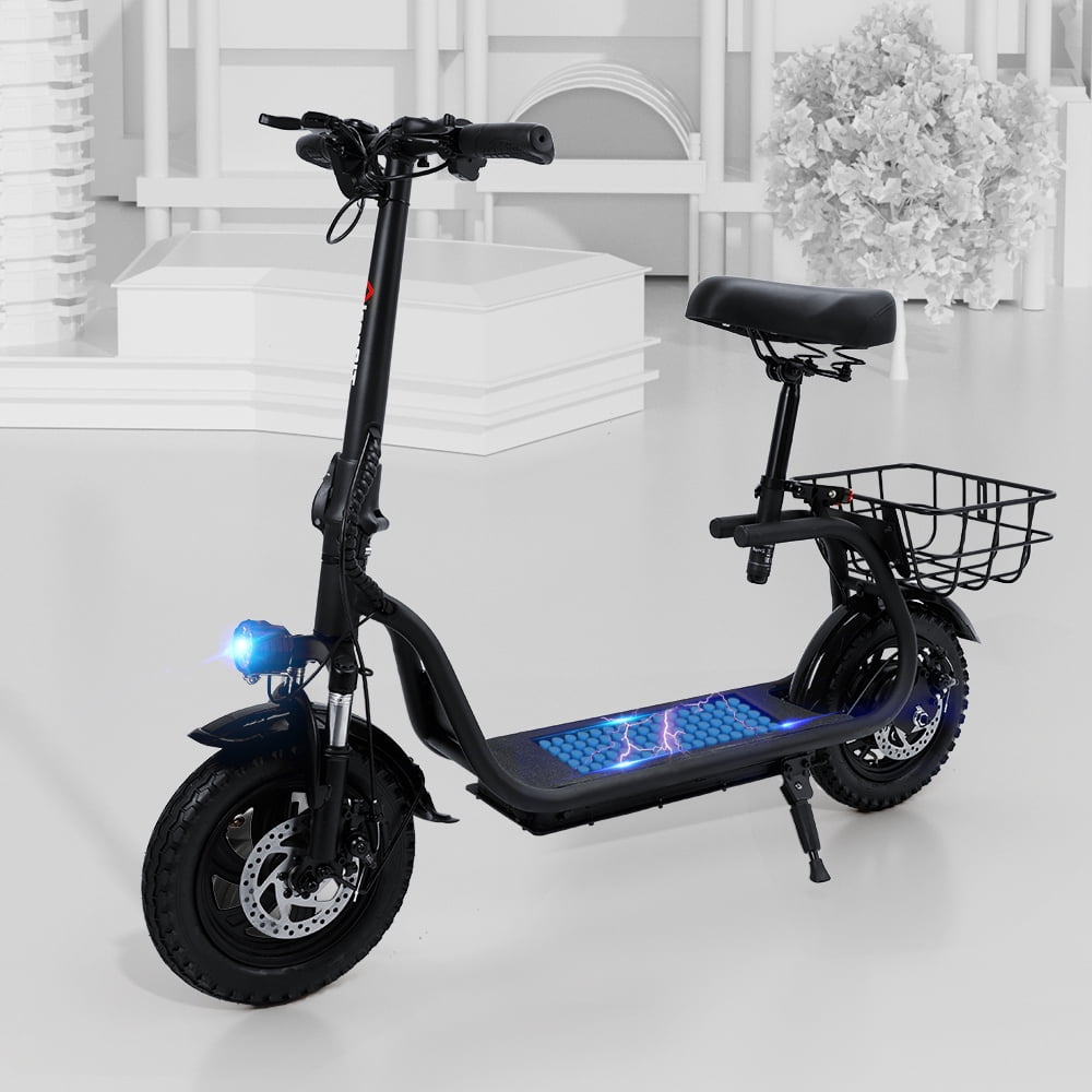500W Adult Shock Absorption Electric Scooter with Seat 12" Commuter Electric Scooter With Carry Basket - Up to 25 Miles 18.6MPH