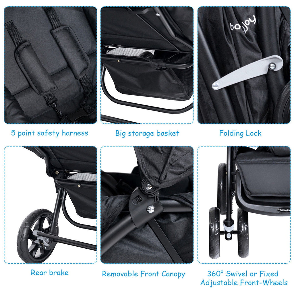 Babyjoy Double Stroller Foldable Baby Twin Lightweight Travel Stroller Infant Pushchair Black