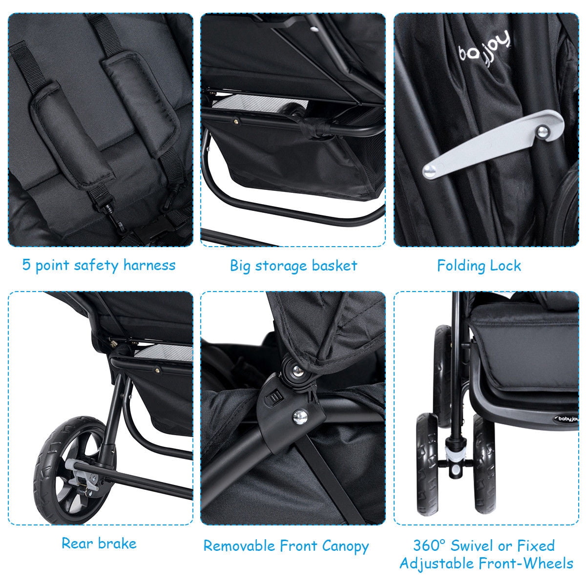Babyjoy Double Stroller Foldable Baby Twin Lightweight Travel Stroller Infant Pushchair Black