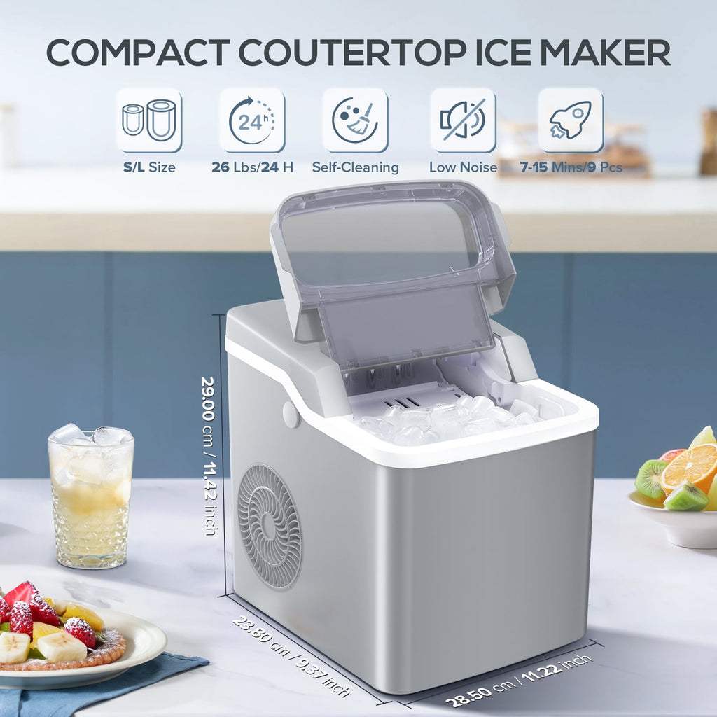 Auseo Portable Ice Maker Countertop, One-Click Operation Ice Makers with Ice Scoop and Basket, for Kitchen/Office/Bar/Party-Black