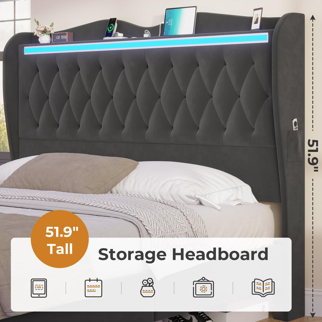 Afuhokles LED Bed Frame King Size with Tall Storage Headboard Footboard, Charging Station, Velvet Upholstered Platform Bed, Gray