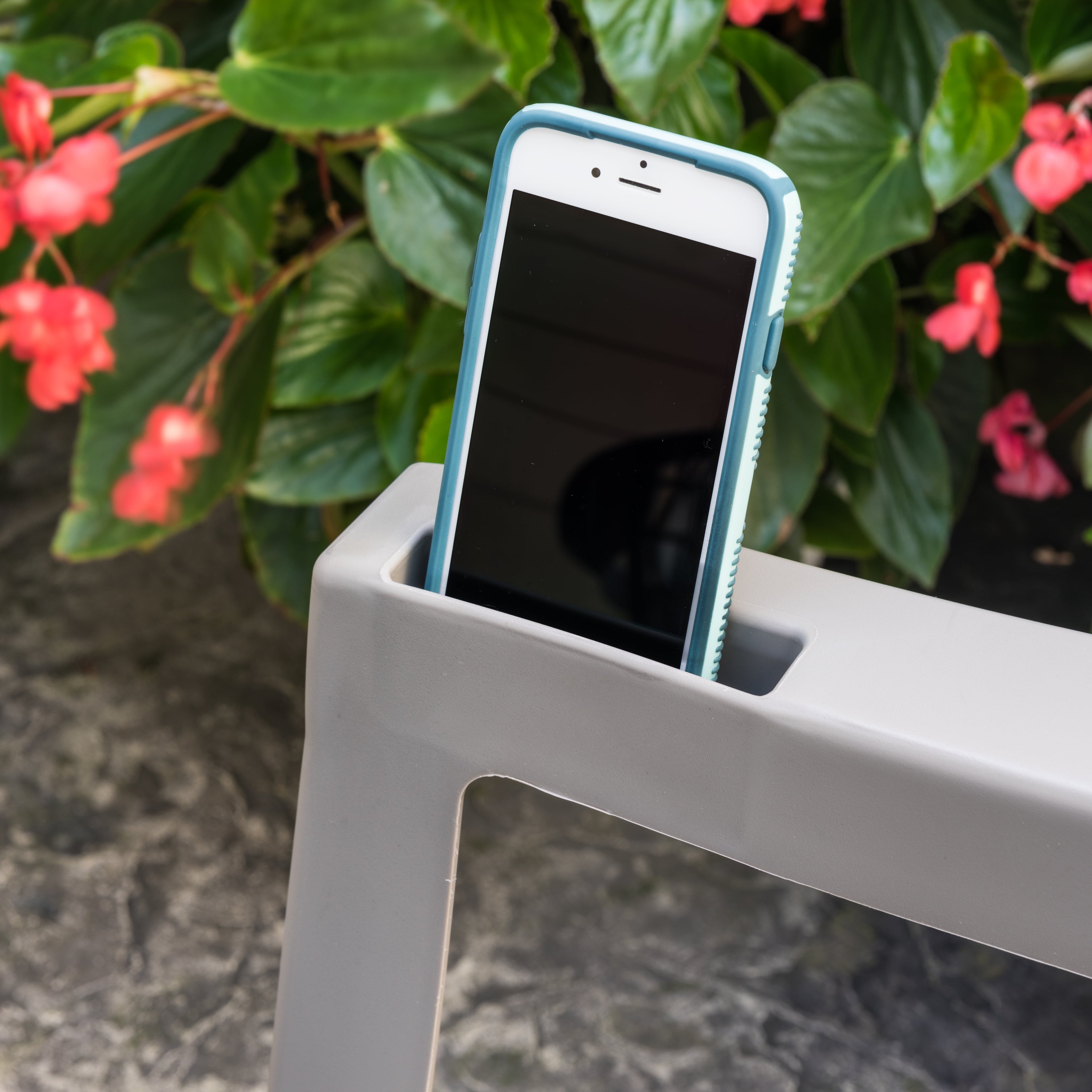 Adams Penza Outdoor Resin Stack Chair with Phone Holder, Plastic Patio Furniture, Gray