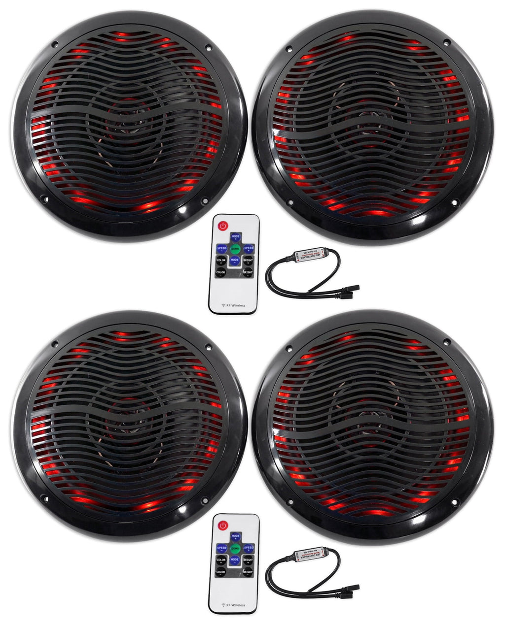 (4) Rockville RMC65LB 6.5" 1200w Black Marine Speakers w/Multi Color LED+Remote