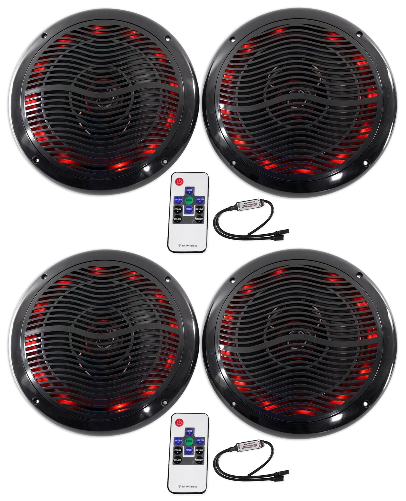 (4) Rockville RMC65LB 6.5" 1200w Black Marine Speakers w/Multi Color LED+Remote