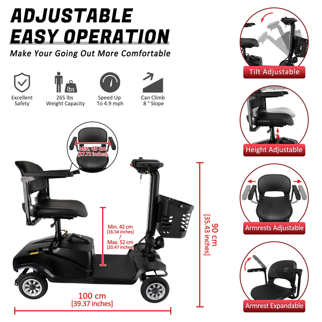 Artudatech Mobility Scooter, Electric Powered Wheelchair Device for Travel, Adults, Elderly 4 wheels 300lb Weight Cap Model with Cup Holder