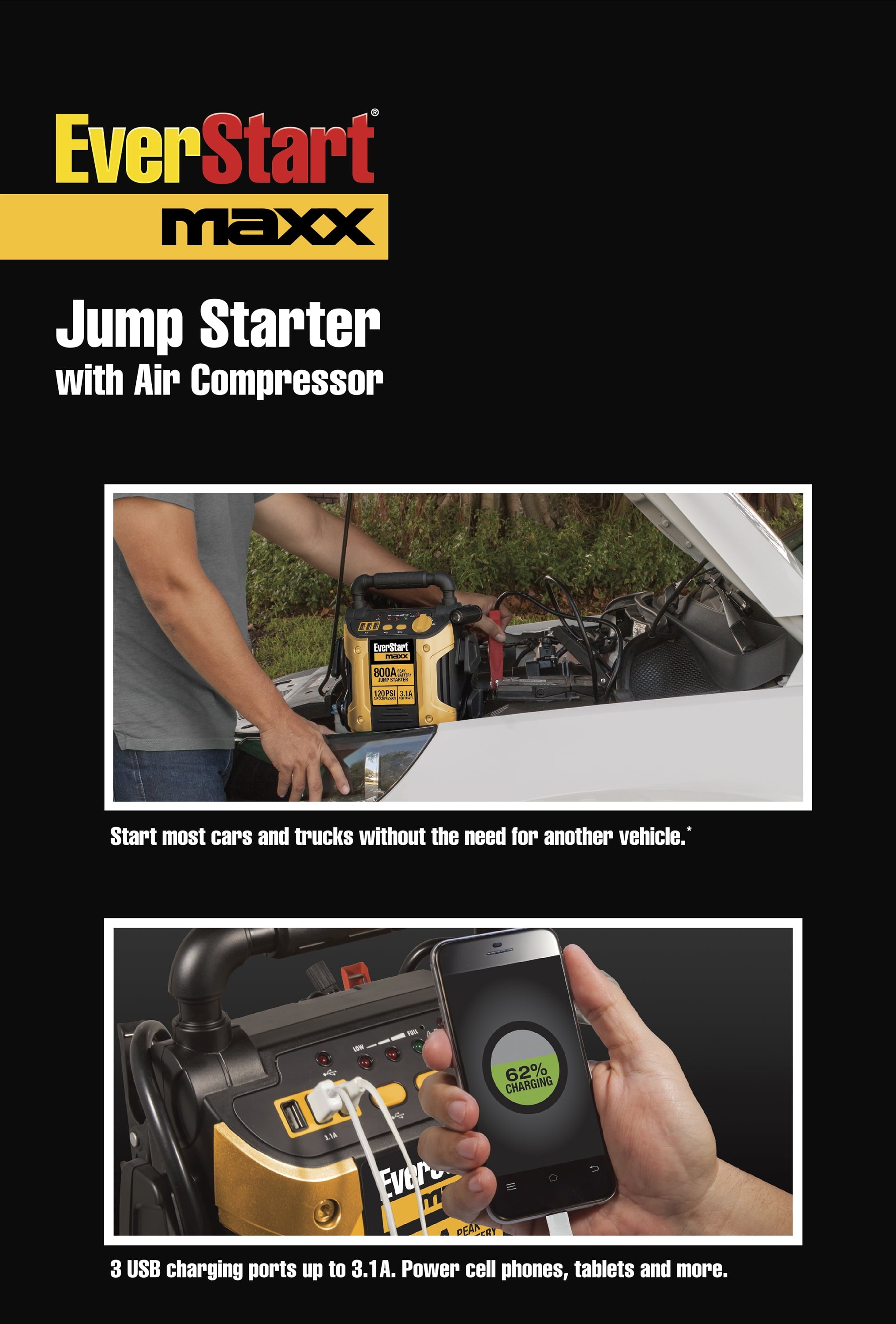 800 Peak Amp Jump Starter w/ 120 PSI Compressor, pivoting LED light, 3X USB ports