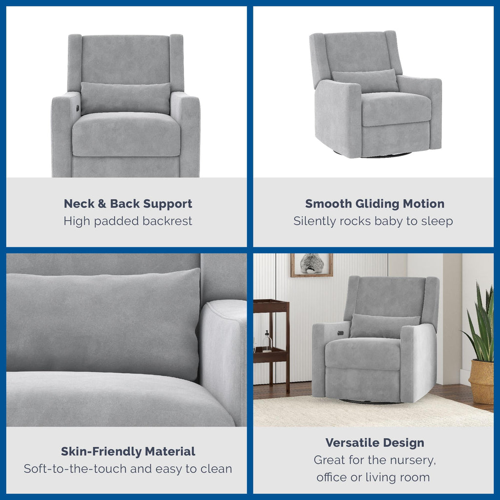 Baby Relax Otto 4-in-1 Nursery Swivel Glider Rocker Power Recliner with USB Ports, Gray Velvet