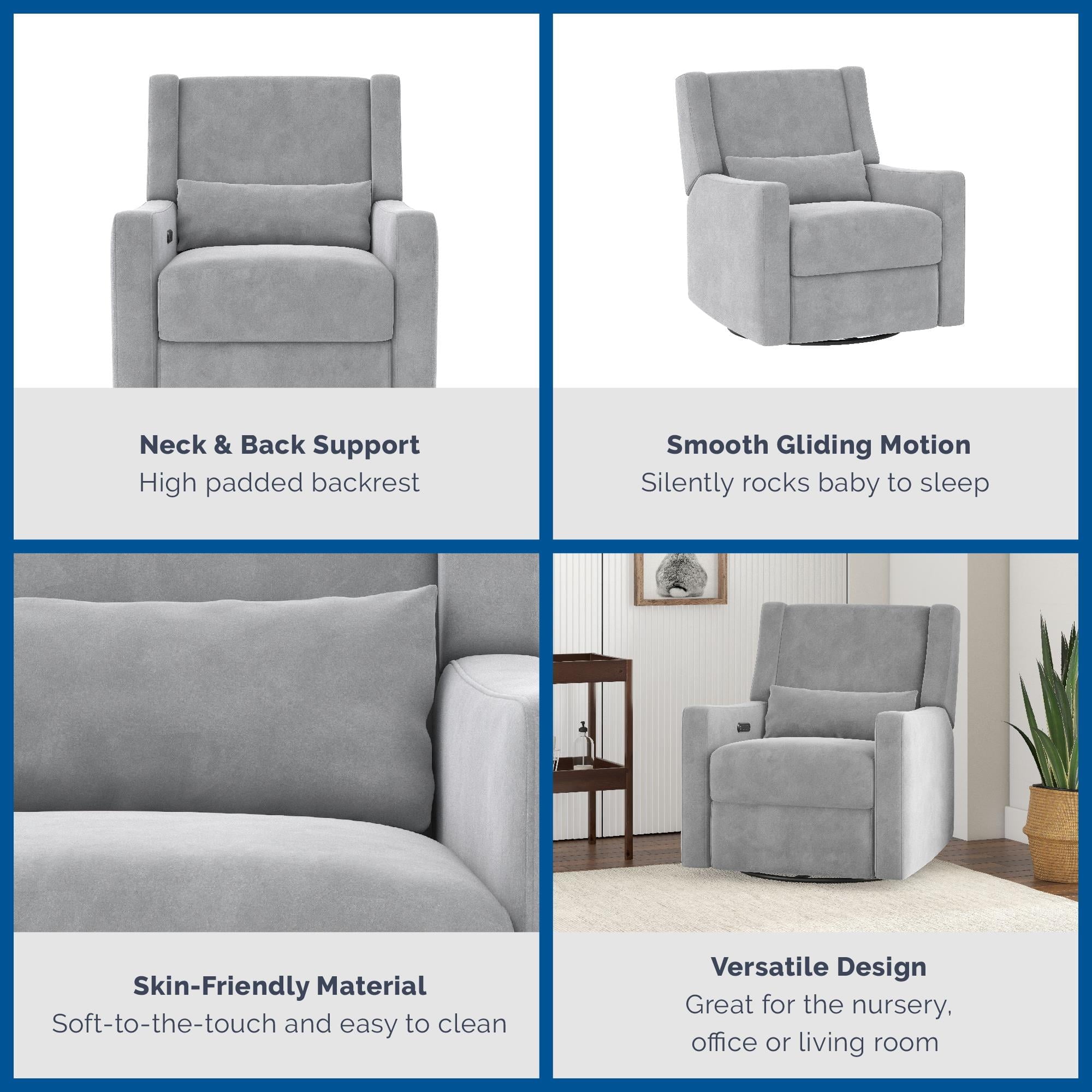 Baby Relax Otto 4-in-1 Nursery Swivel Glider Rocker Power Recliner with USB Ports, Gray Velvet