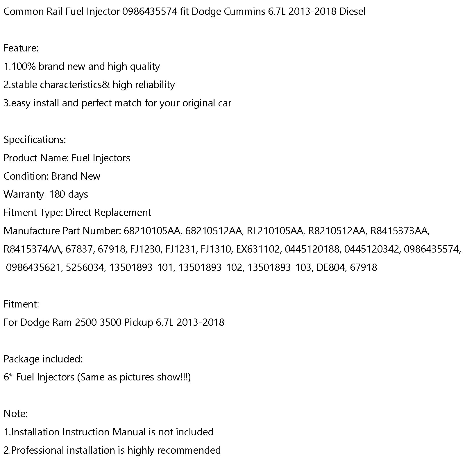 6PCS Common Rail Fuel Injector 0986435574 fit Dodge Cummins 6.7L 2013-2018
