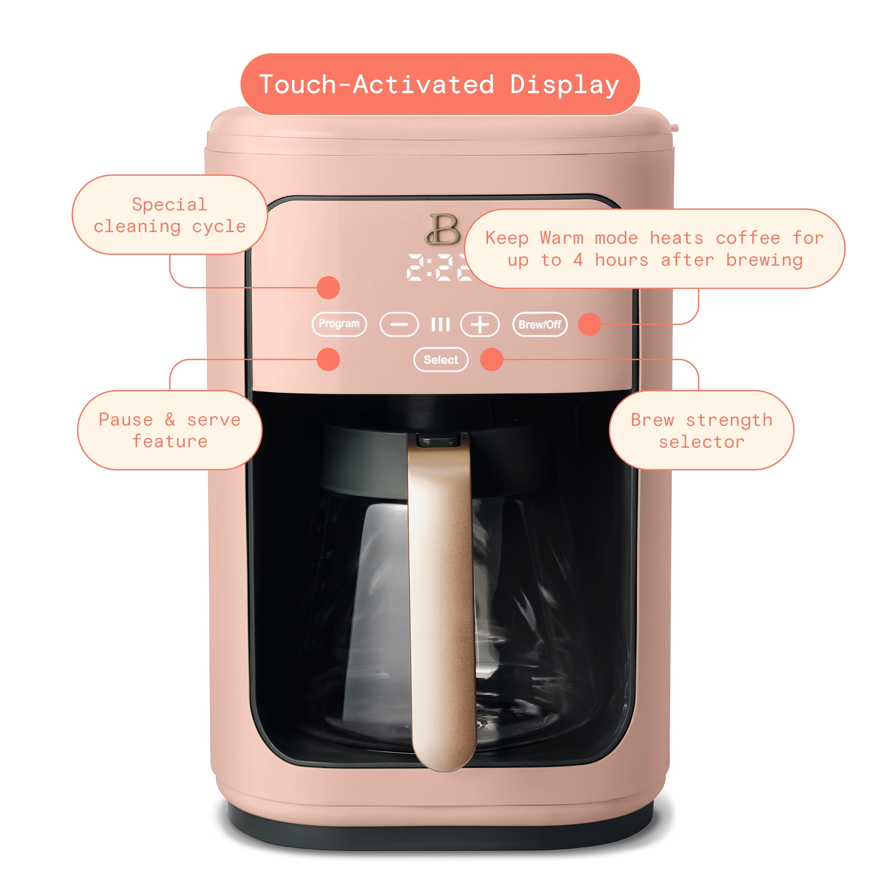 Beautiful 14-Cup Programmable Drip Coffee Maker with Touch-Activated Display, White Icing by Drew Barrymore