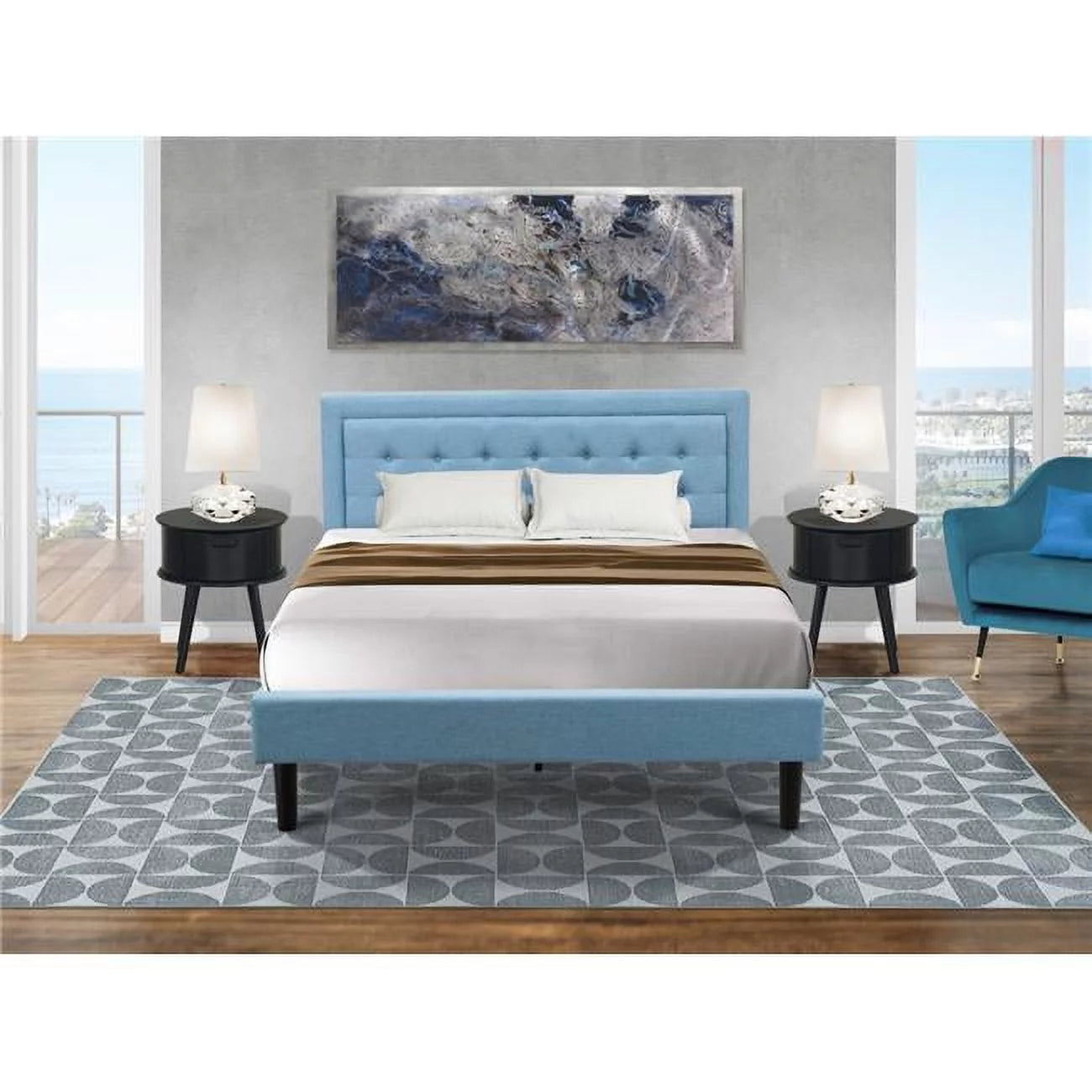3 Piece Fannin Platform Bedroom Set - Denim Blue, Black & Navy Blue