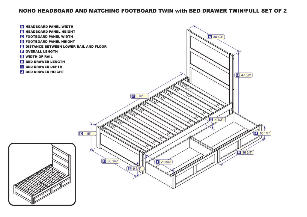 AFI NoHo Twin Wood Platform Bed with Headboard Footboard & 2 Storage Drawers, Walnut