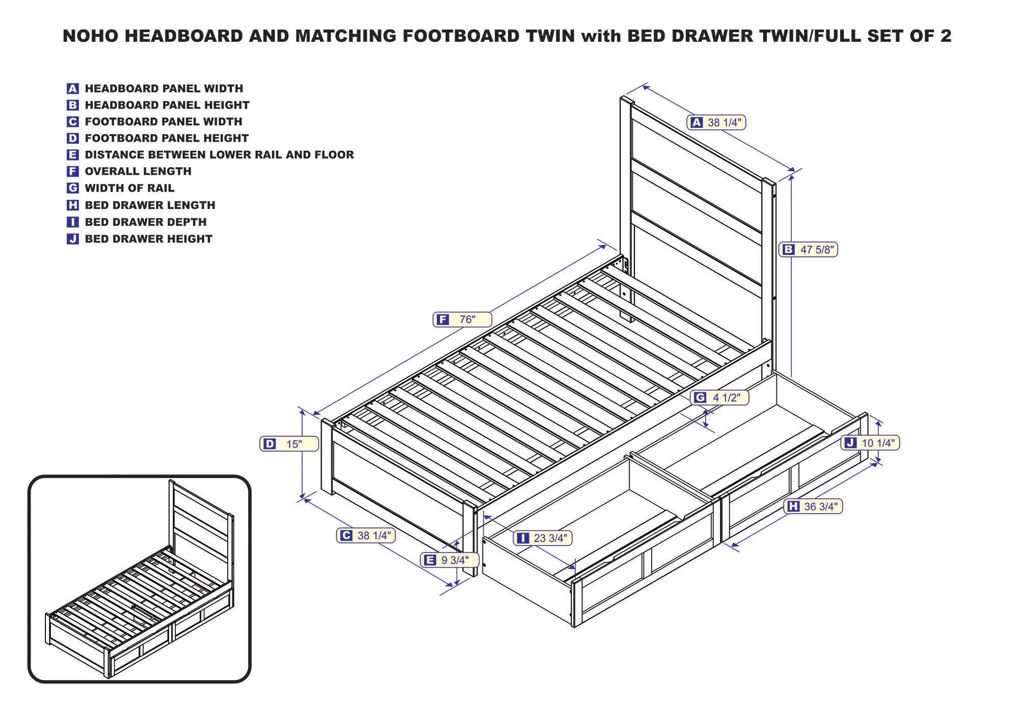 AFI NoHo Twin Wood Platform Bed with Headboard Footboard & 2 Storage Drawers, Walnut