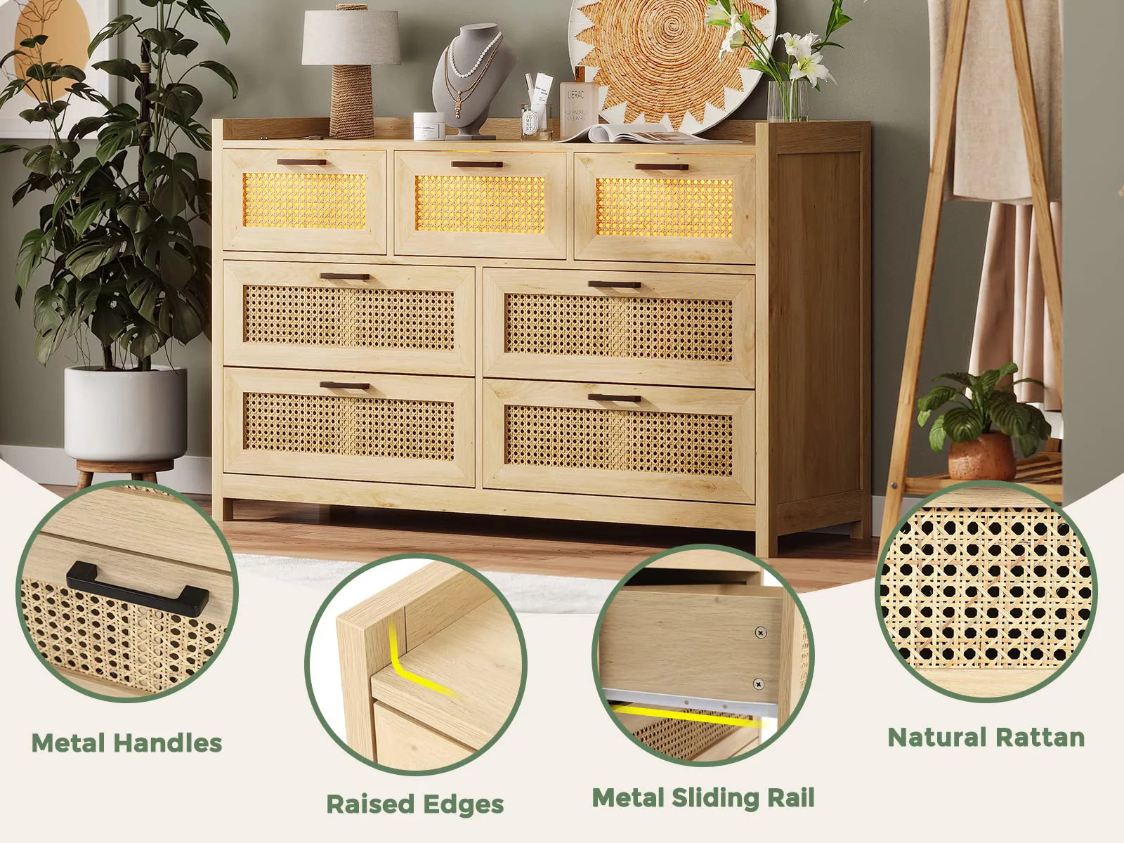 7 Drawer Dressers for Bedroom with Led Lights,Natural Rattan Chests of Drawers for Living Room Hallway Entryway