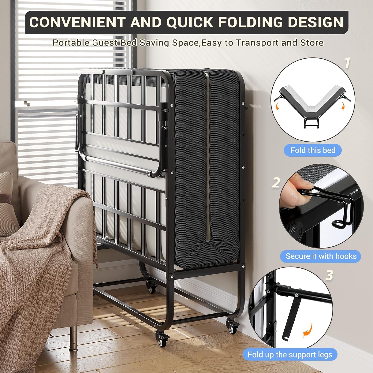 Afuhokles Folding Bed with Mattress, 75 x 38 Twin Size Portable Foldable Guest Bed with Wheels - 5'' Luxurious Memory Foam Mattress