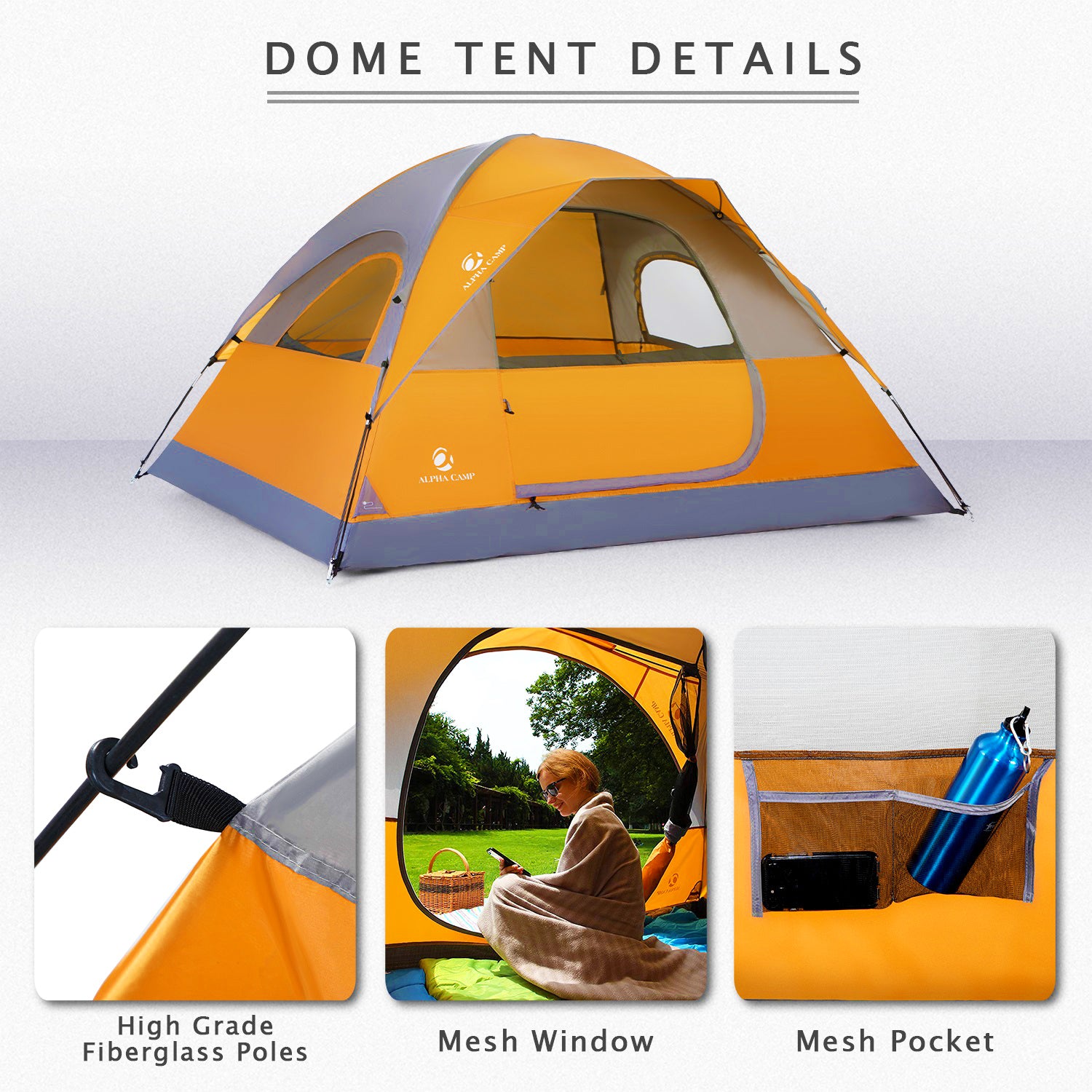 Alpha Camper 2-Person Camping Dome Tent Waterproof Portable Tent with Carry Bag, Blue