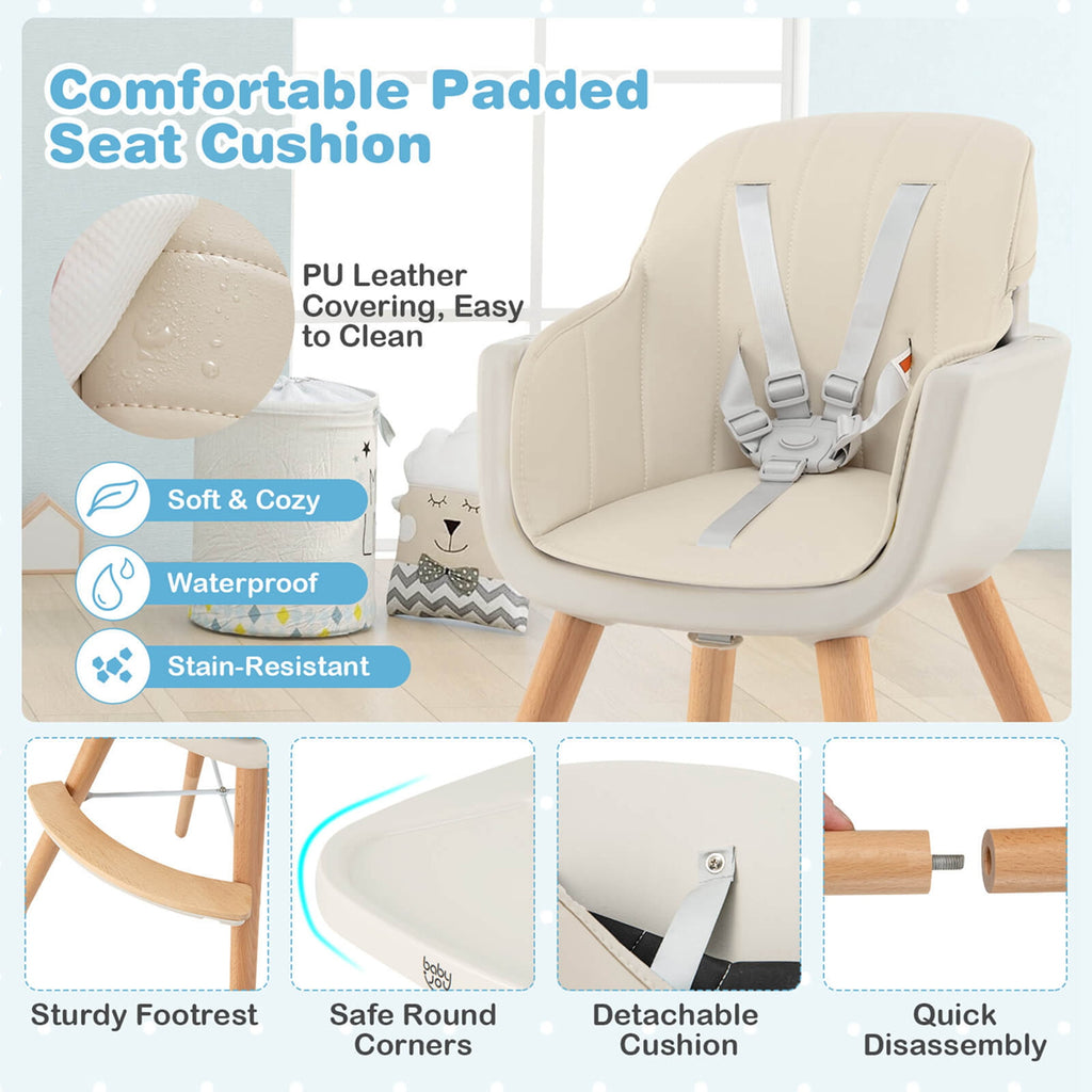 Babyjoy 3 in 1 Convertible Wooden High Chair Baby Toddler Highchair w/ Cushion Beige