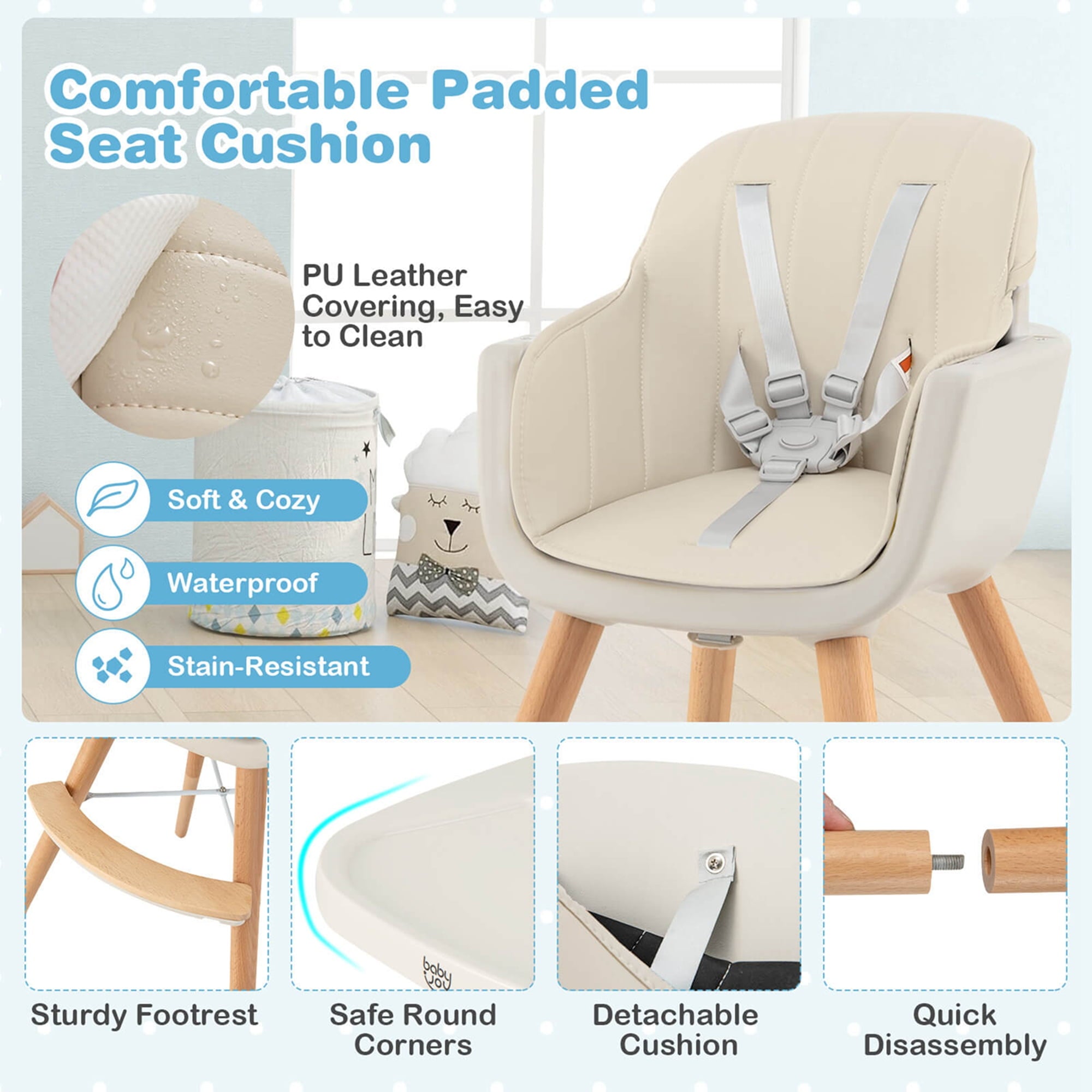 Babyjoy 3 in 1 Convertible Wooden High Chair Baby Toddler Highchair w/ Cushion Beige