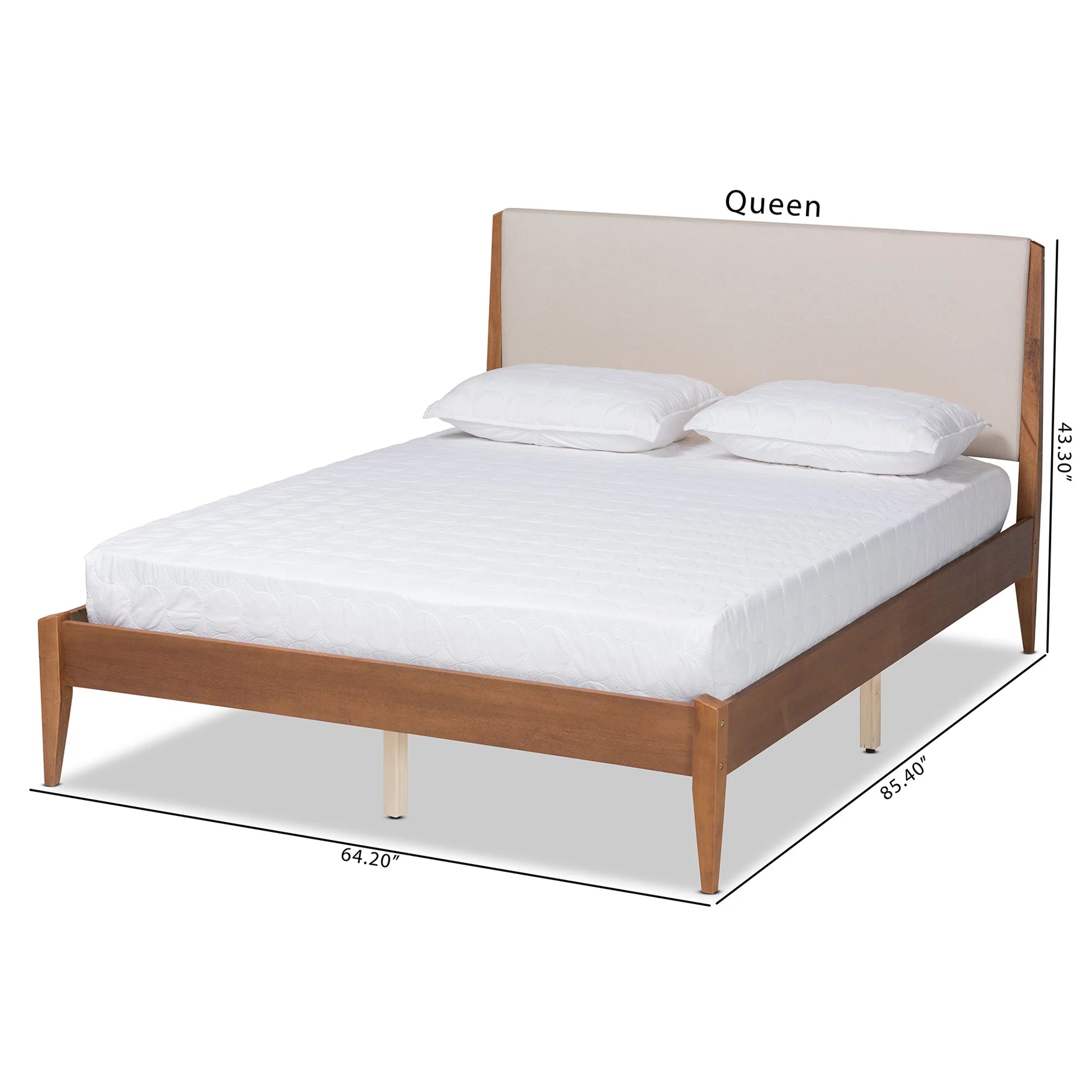Baxton Studio Lenora Mid-Century Modern Beige Fabric Upholstered and Walnut Brown Finished Wood Queen Size Platform Bed