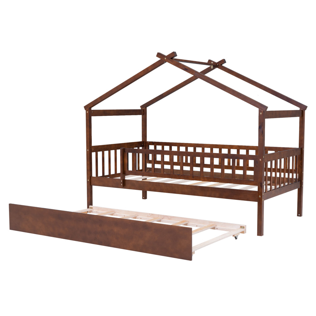 "Twin-Size Wooden House-Shaped Bed with Matching Twin-Size Trundle in Elegant Walnut Finish"