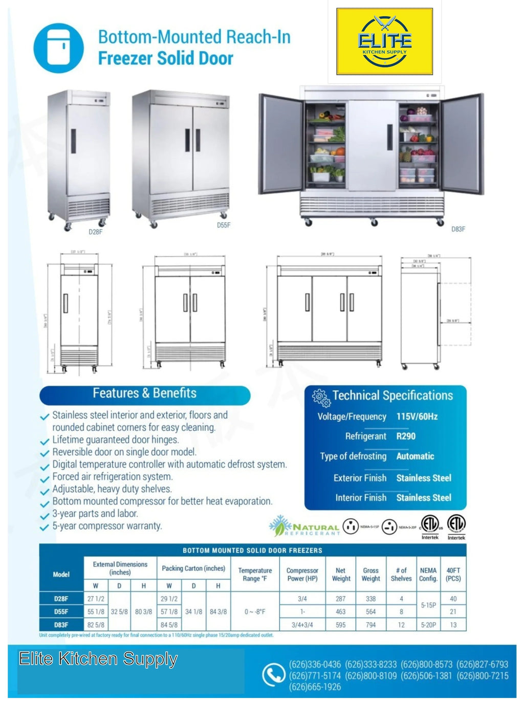 83 in. Three Door Upright Reach-in Commercial Freezer in Stainless Steel 64.80 Cu. ft.