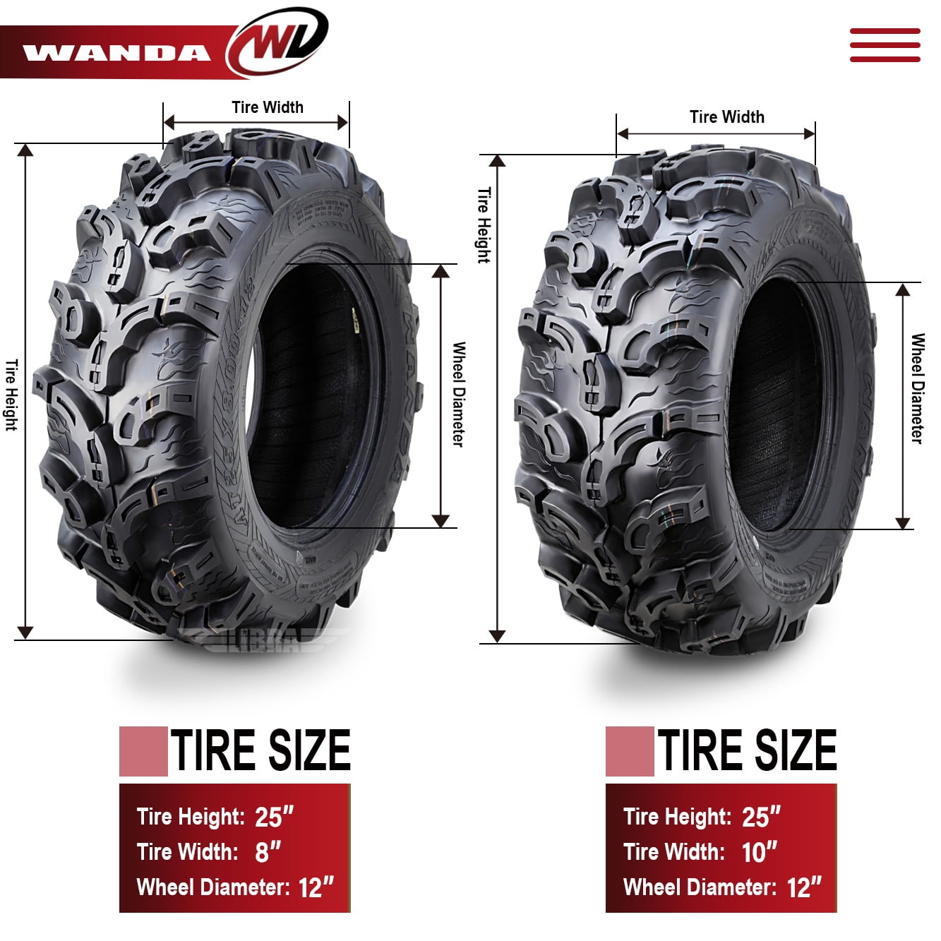 (4) WANDA 25X8X12 25X10X12 fit 05-13 Yamaha RHINO 450 660 700 ATV Tire Set Super Mud