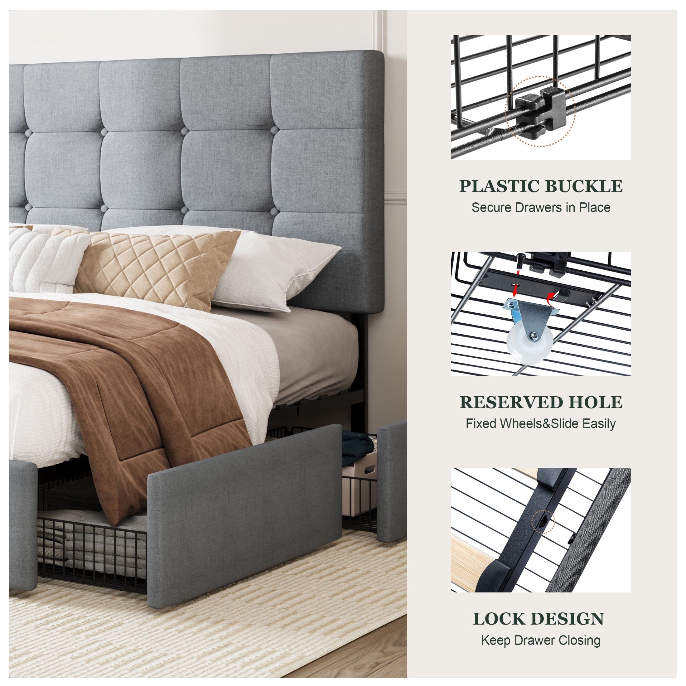 Amolife Queen Size Platform Bed Frame with Headboard and 4 Storage Drawers, Button Tufted Style, Mattress Not Included, Dark Gray