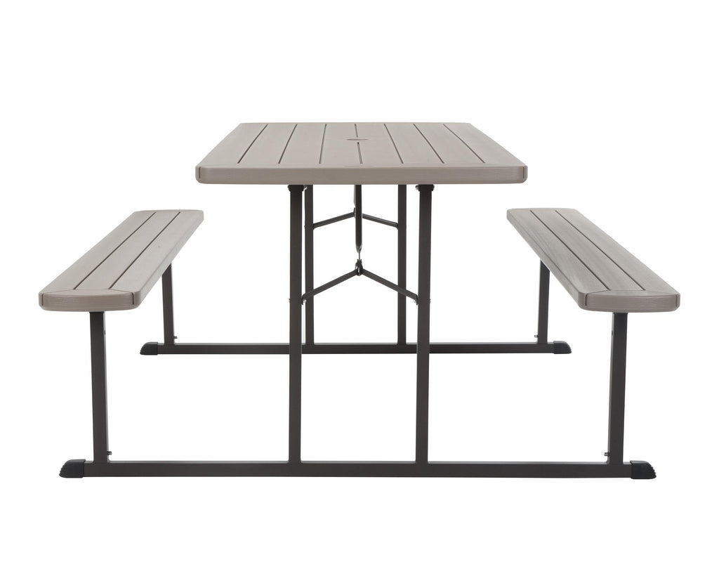 6 ft. Folding Blow Mold Picnic Table, Taupe Wood Grain with Brown Legs