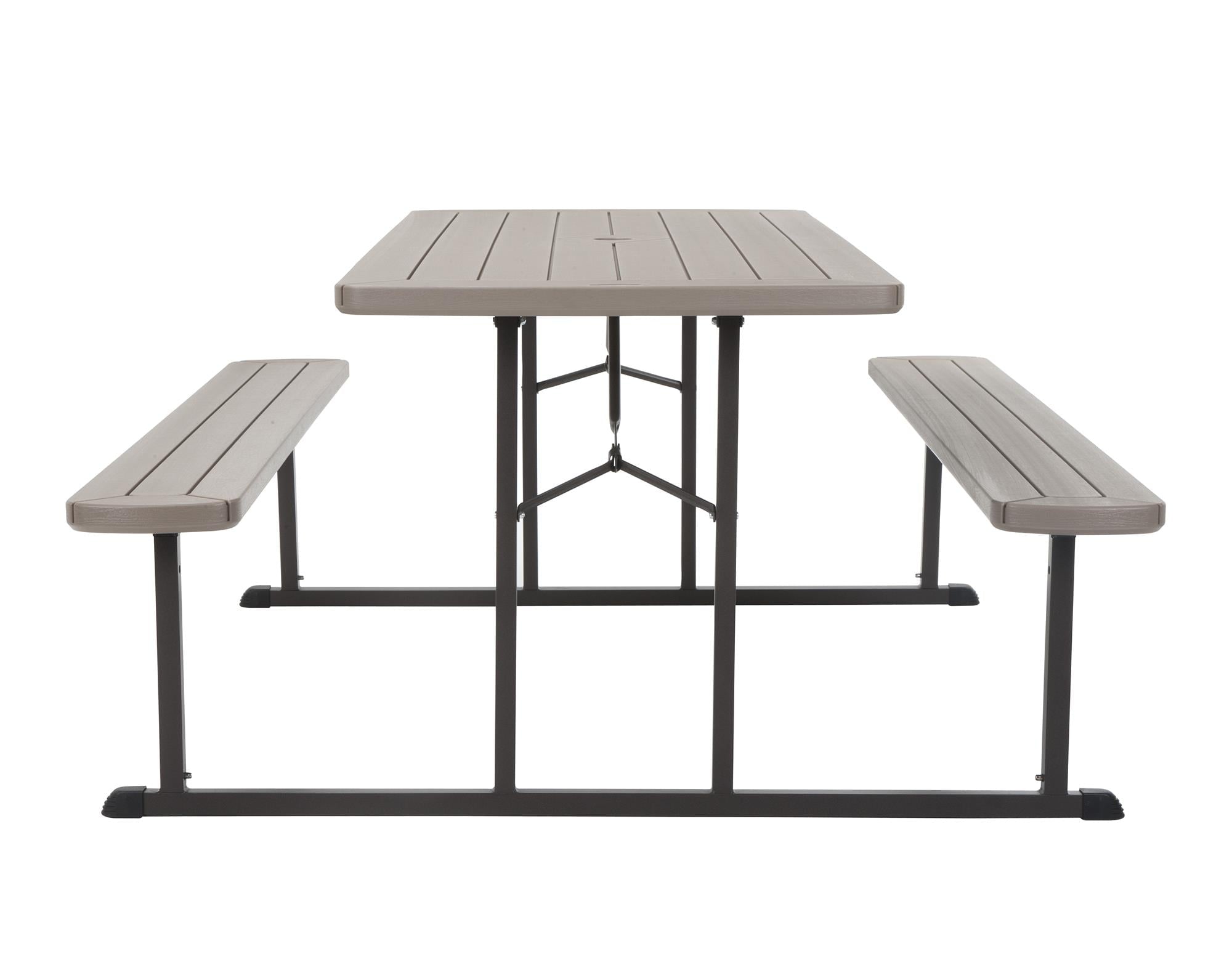 6 ft. Folding Blow Mold Picnic Table, Taupe Wood Grain with Brown Legs