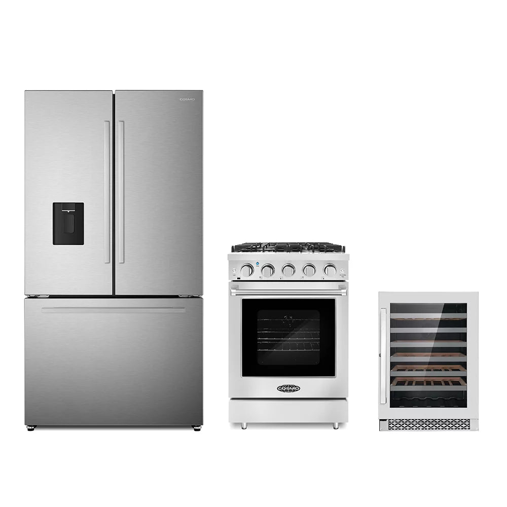 3 Piece Kitchen Package with 24" Freestanding Gas Range 48 Bottle Wine Refrigerator & French Door Refrigerator