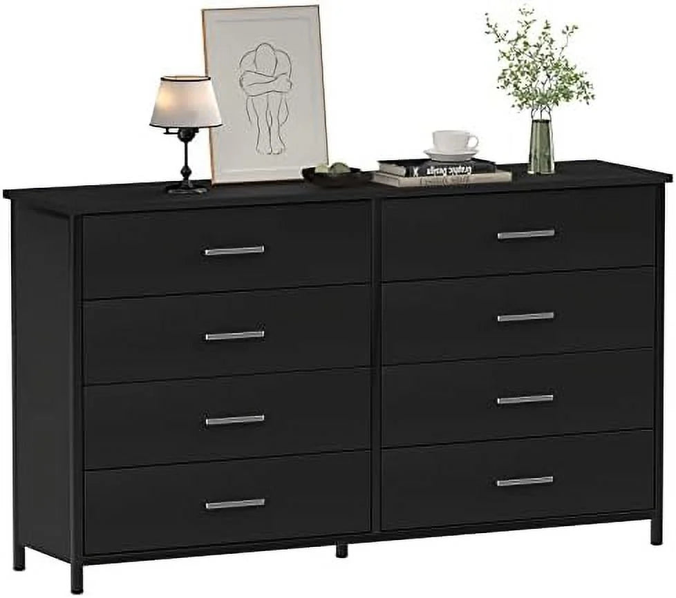 8 Drawer Dresser for Bedroom  Industrial Wood Dresser Wide 8 Chest of Drawers  Wooden  Organizer Dresser with Sturdy Steel Frame (Black)