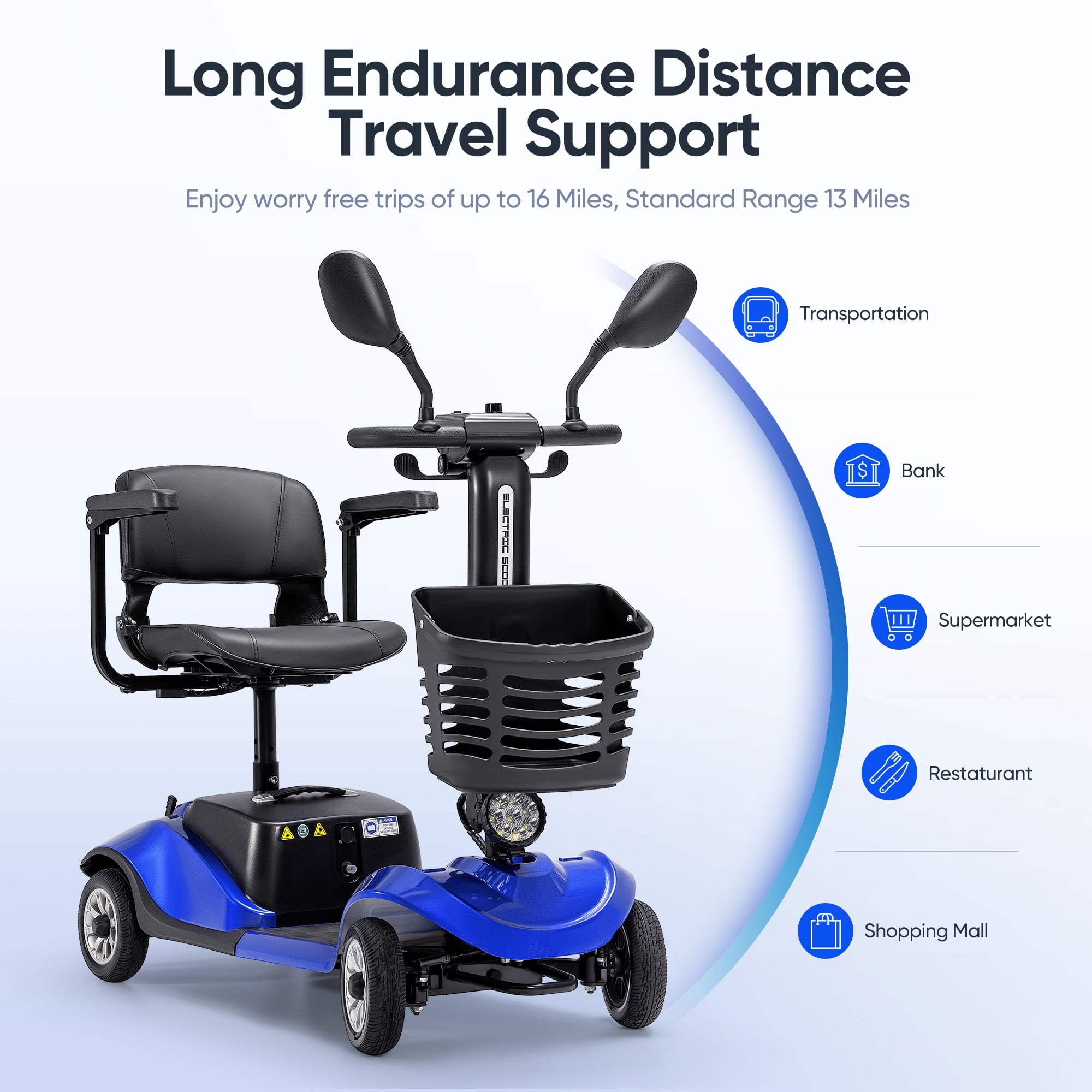 4 Wheels Mobility Scooter Electric Mobility Scooter Wheelchair w/Basket and Extended Battery for Seniors Adults Blue