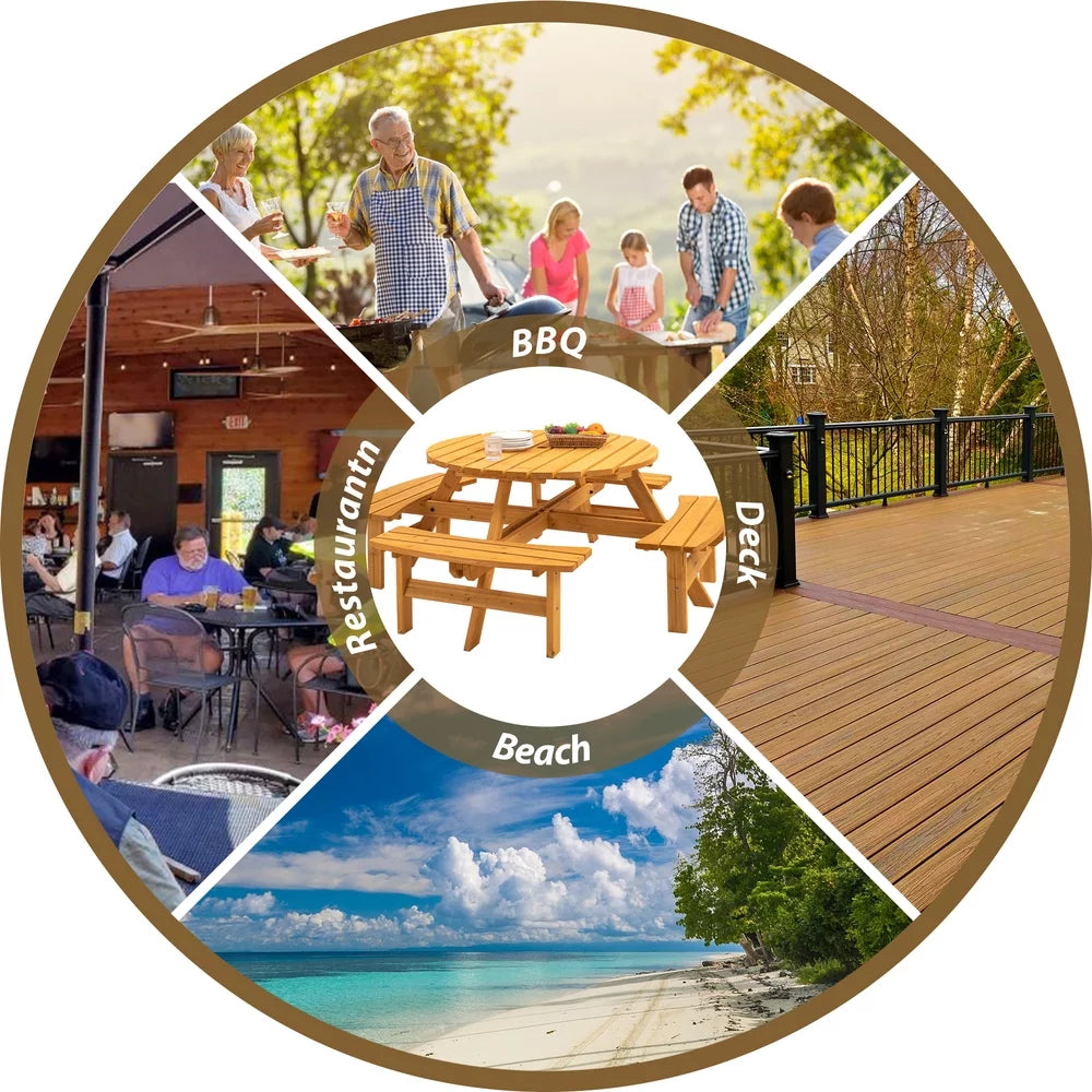 8-Person Circular Outdoor Wooden Picnic Table for Patio, Backyard, Garden, DIY w/ 3 Built-in Benches, 2000lb Capacity - Natural