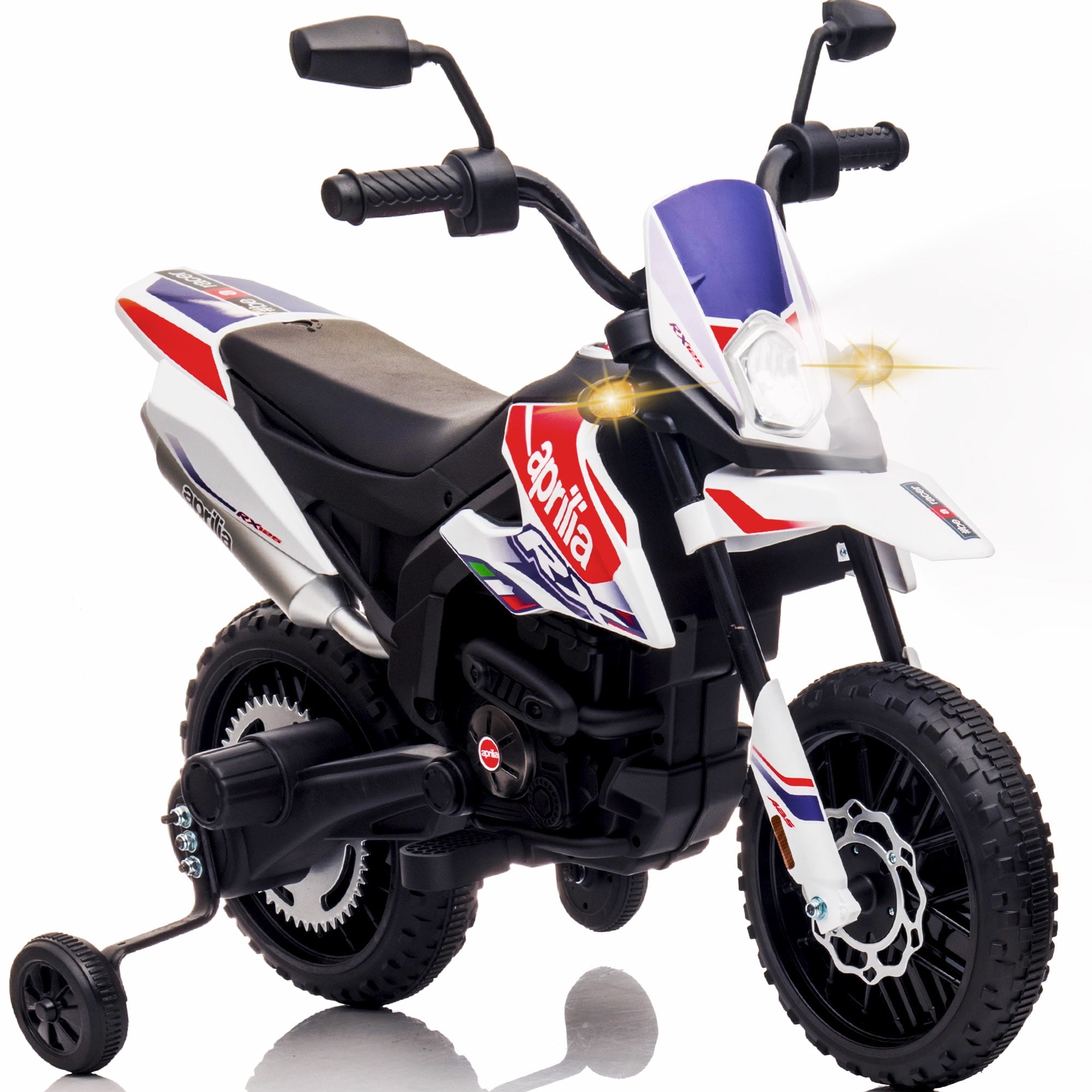 12V Electric Dirt Bike for Kids 3-6, Aprilia Powered Ride on Toy Car with 2 Training Wheels, LED Light, MP3 Player, Child 4 Wheeler Motorcycle for Boys Girls