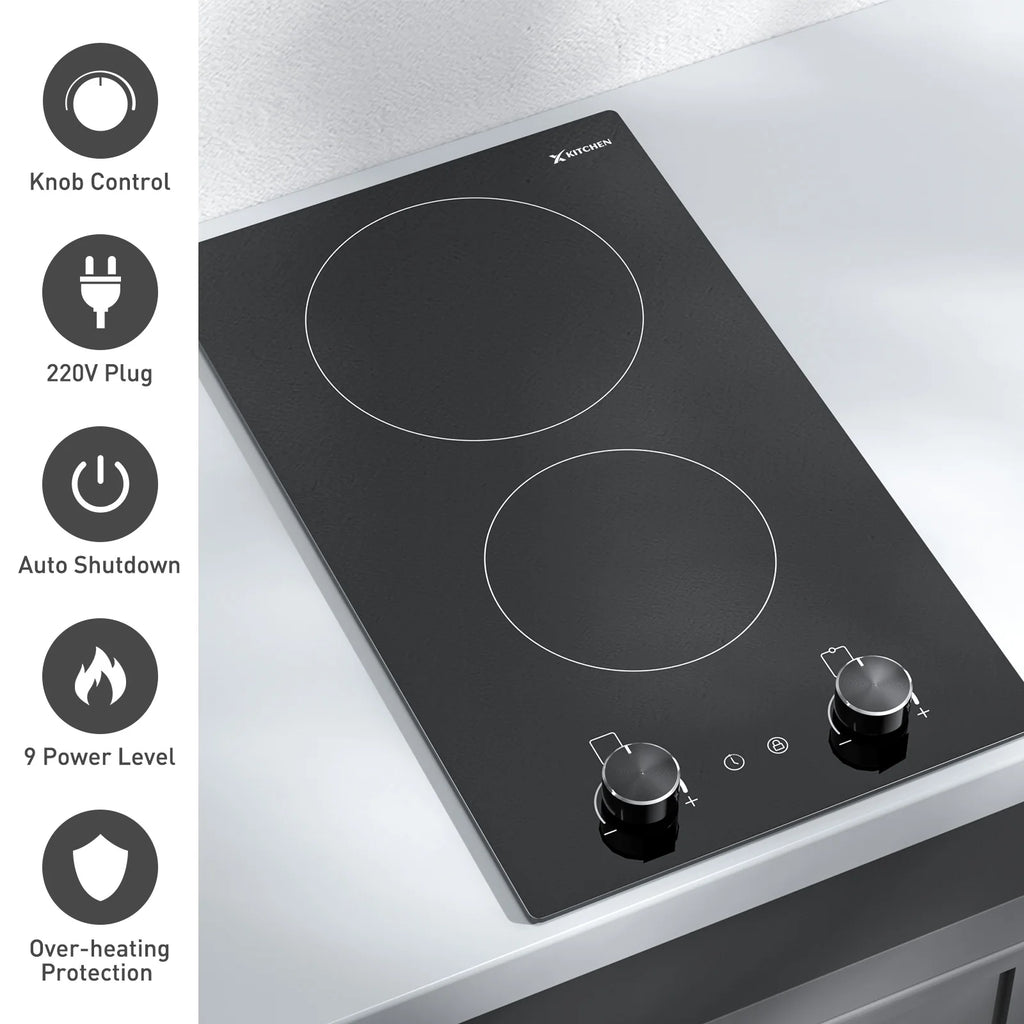 12 Inch Electric Ceramic Cooktop with Knob Control, Built-in 2400W Dual Cooker Electric Stove Tops, 2 Burners Range Top 220V, Child Safety Lock & Timer, Sensor Touch Control, 9 Power Levels