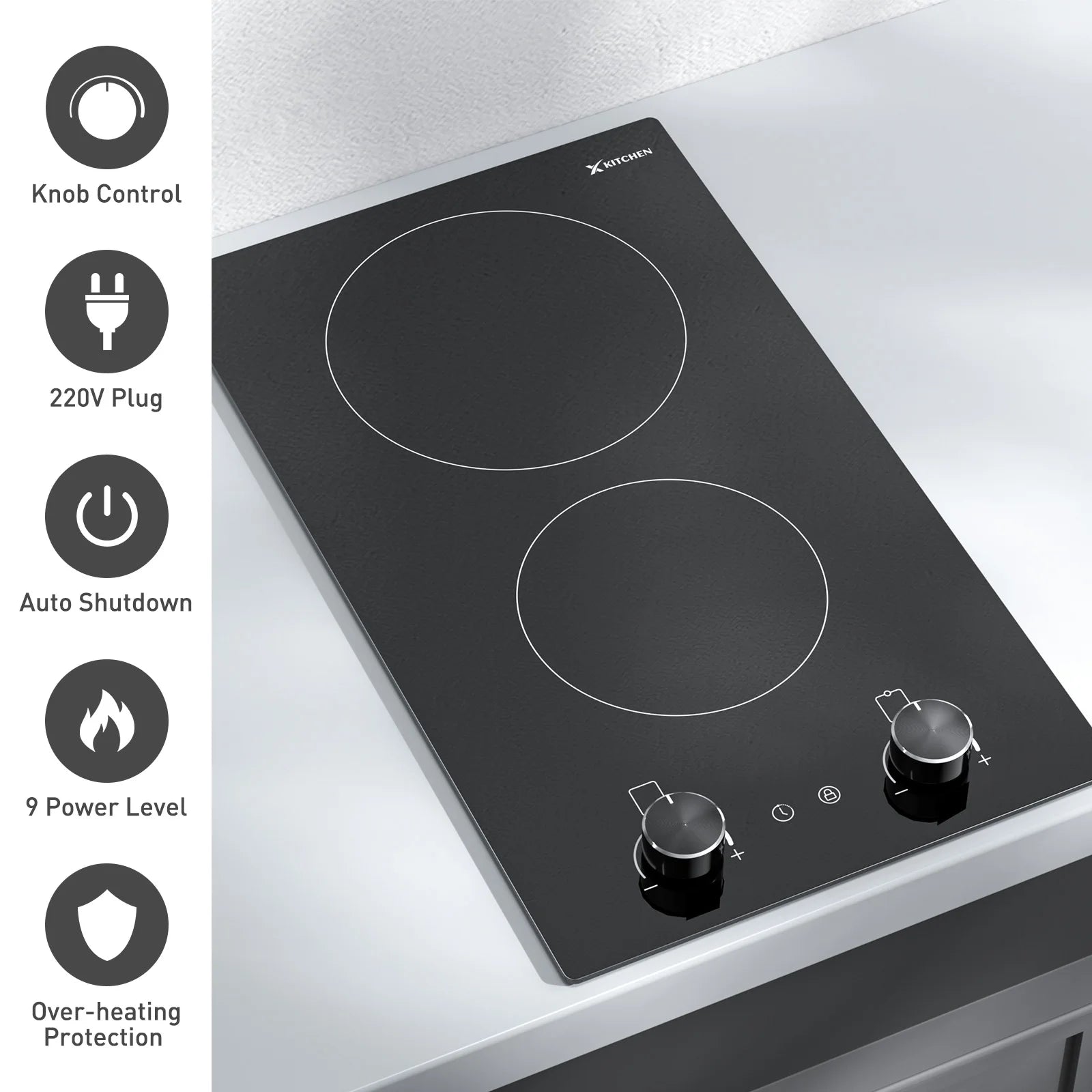 12 Inch Electric Ceramic Cooktop with Knob Control, Built-in 2400W Dual Cooker Electric Stove Tops, 2 Burners Range Top 220V, Child Safety Lock & Timer, Sensor Touch Control, 9 Power Levels