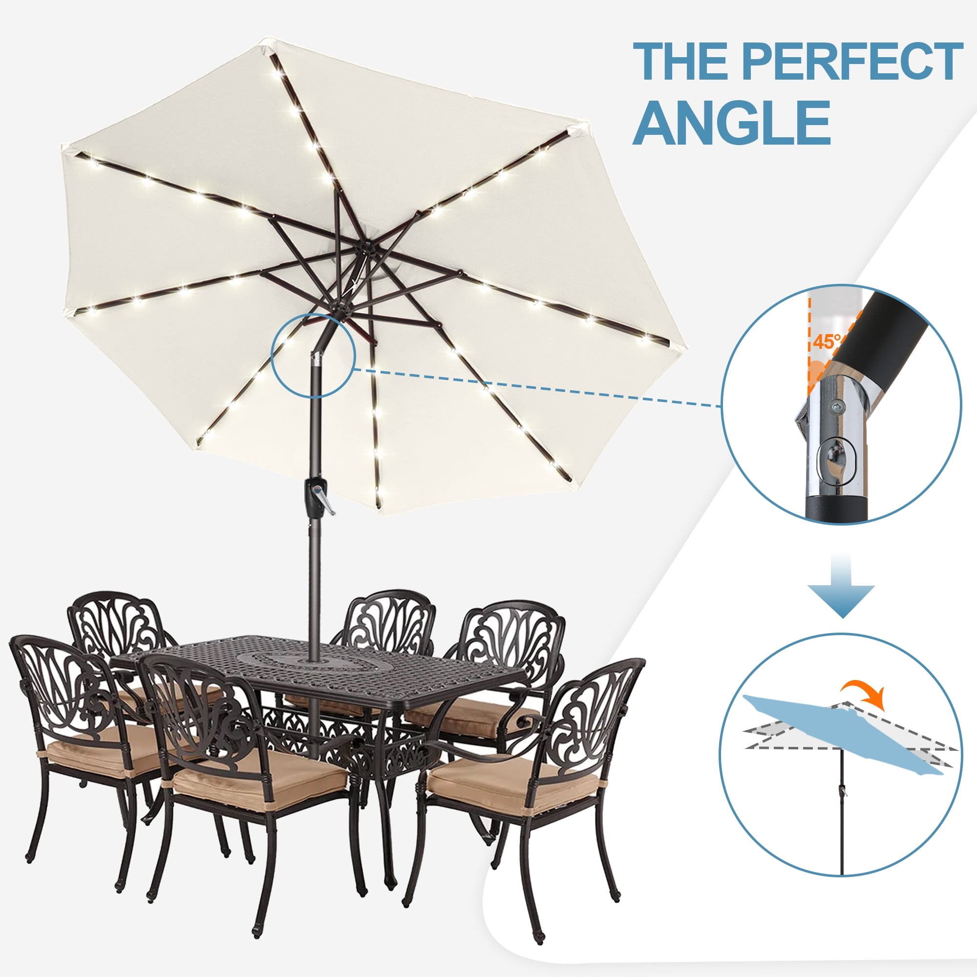 ABCCANOPY 7.5ft Patio Solar Umbrella LED Outdoor Umbrella with Tilt and Crank, Turquoise