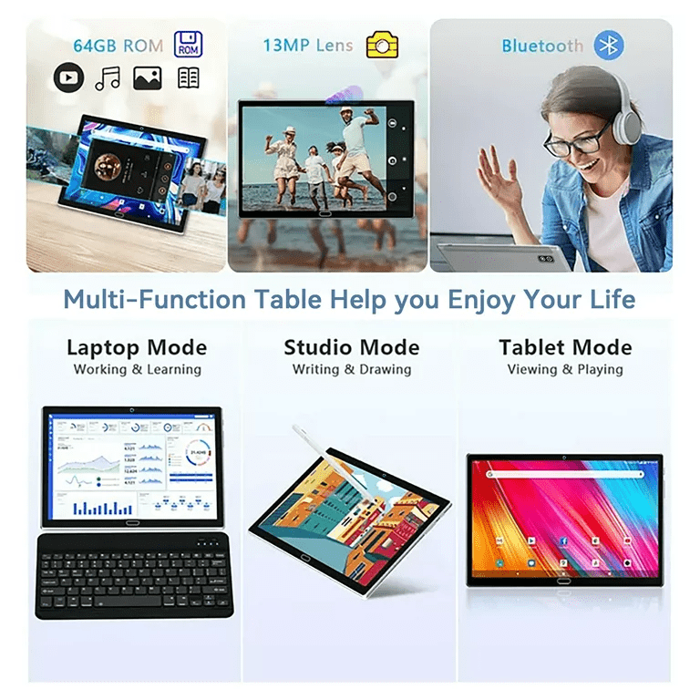 2024 Newest Android 13 Tablet with Keyboard, 10.1 inch Tablet,4 + 64GB Storage, Octa-Core, Android Tablet with Dual Camera, Google GMS Certified, Wifi, Bluetooth 4.2, 2-in-1 Android Tablets by DOMATON