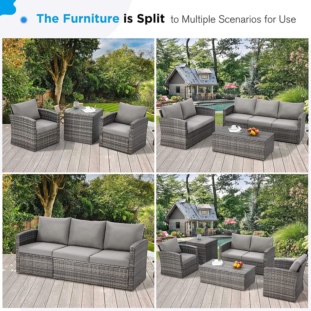 AECOJOY 6 Pieces Outdoor Furniture Set , Patio Rattan Wicker Sectional Sofa Conversation Set, Beige
