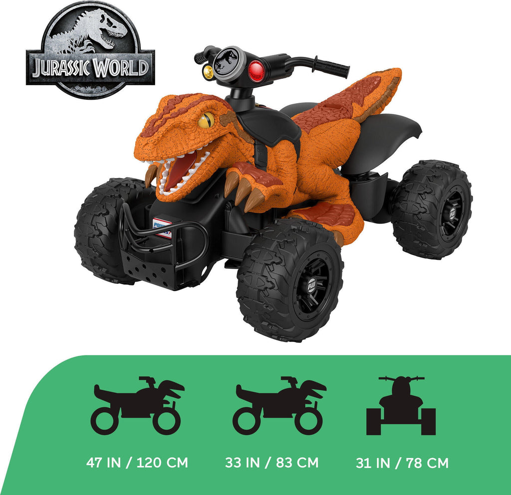 12V Power Wheels Jurassic World Dino Racer Battery-Powered Ride-On ATV Dinosaur Toy, Orange