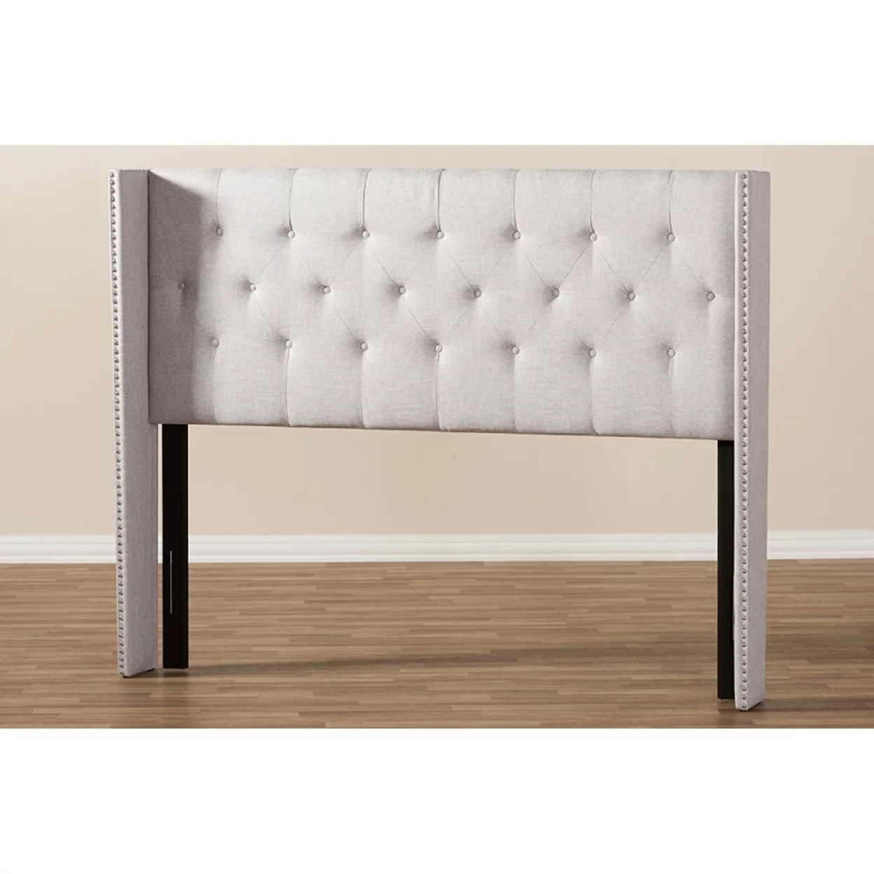 Baxton Studio Ally Modern And Contemporary Grayish Beige Fabric Button-Tufted Nail head King Size Winged Headboard