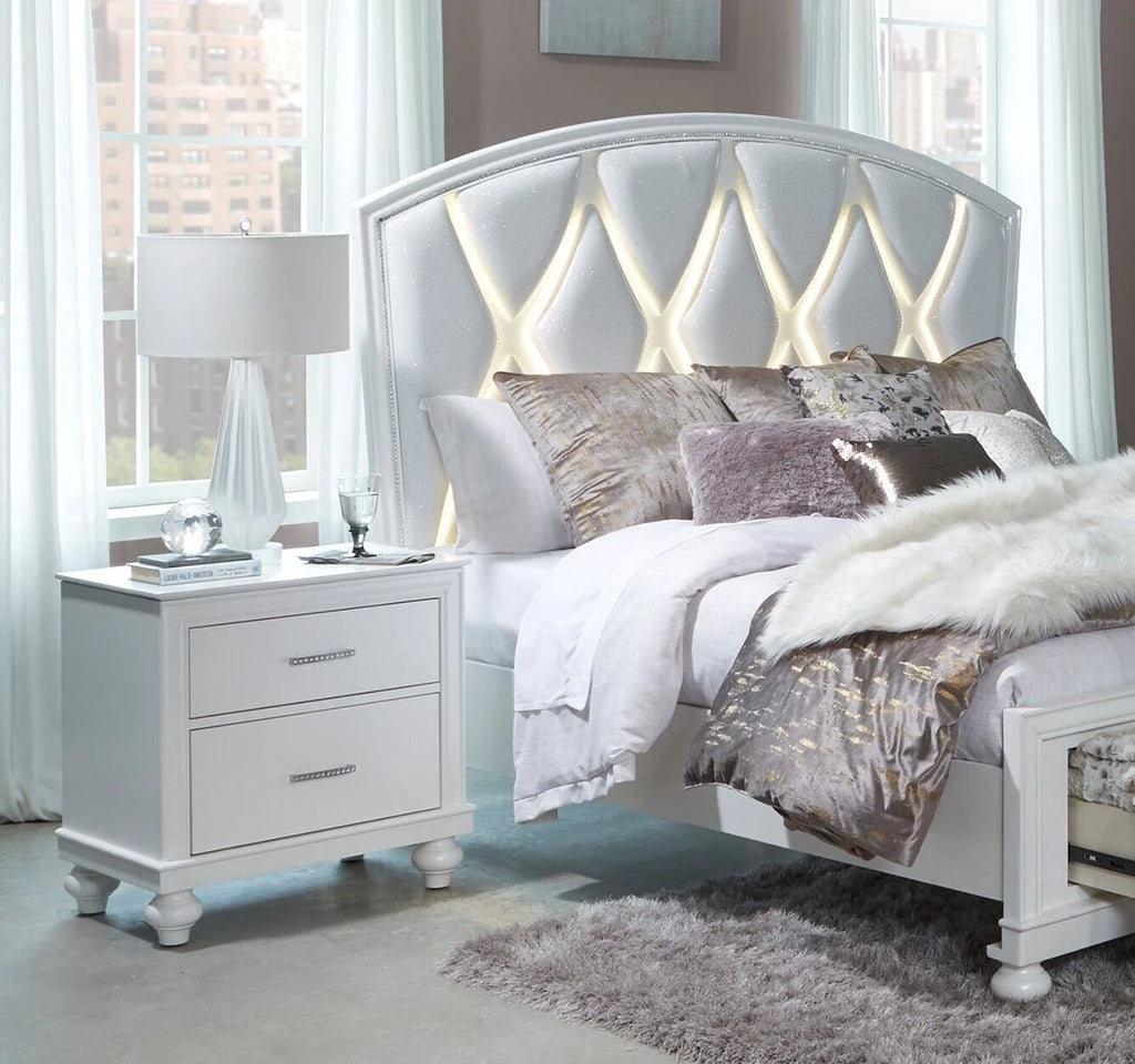 5pc Modern Bedroom Set King Bed Platform LED Mirror Dresser Nightstand Chest Wooden Bedroom Furniture White Finish