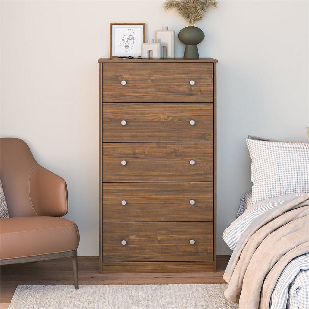 Ameriwood Home Lennon Tall 5 Drawer Dresser, Medium Brown and Faux Rattan