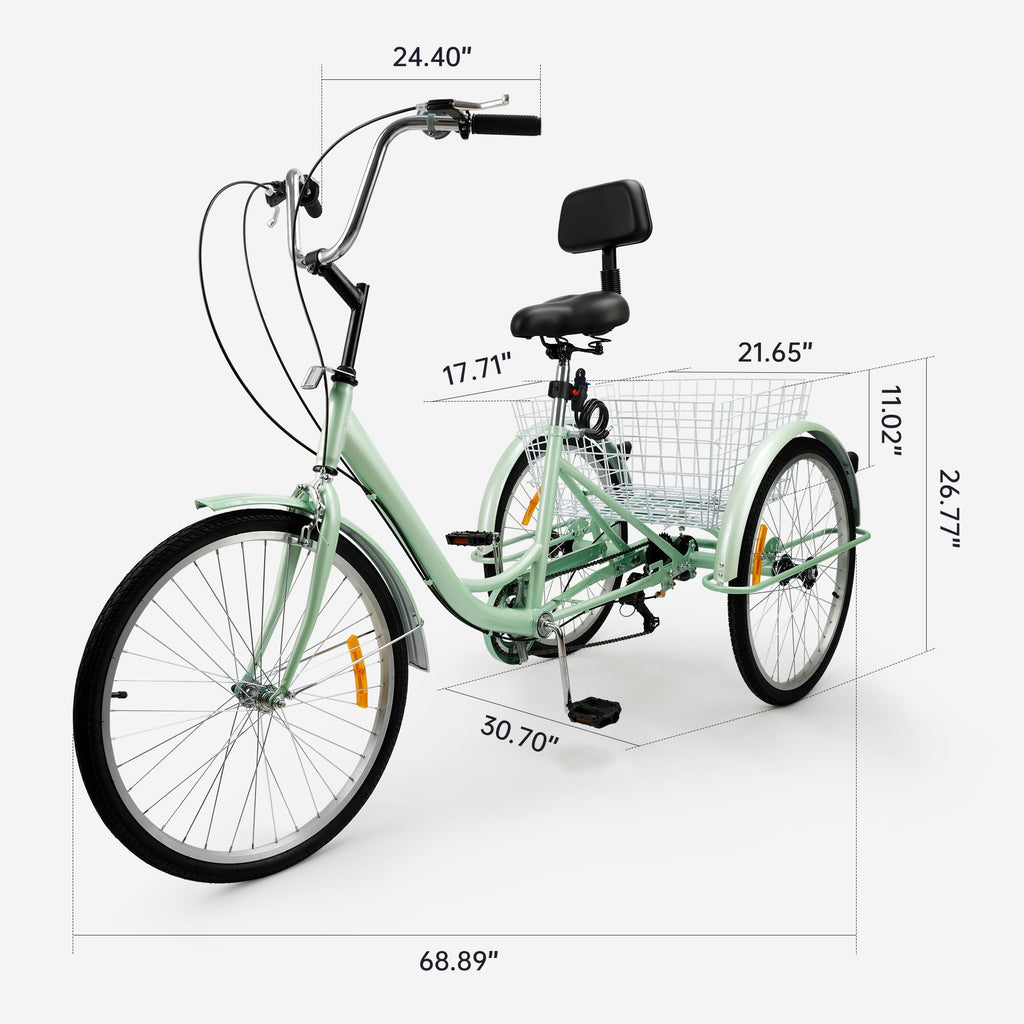 ARTUDATECH 7-Speed Adult Tricycle 24" Purple Three-Wheeled 3 Wheel Cruiser Bike with Seat and Rear Basket for Shopping,Commuting,Camping
