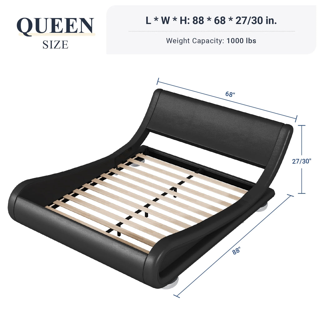 Allewie Queen Size Low Profile Modern Upholstered Platform Bed Frame with Ergonomic & Adjustable Headboard, Black