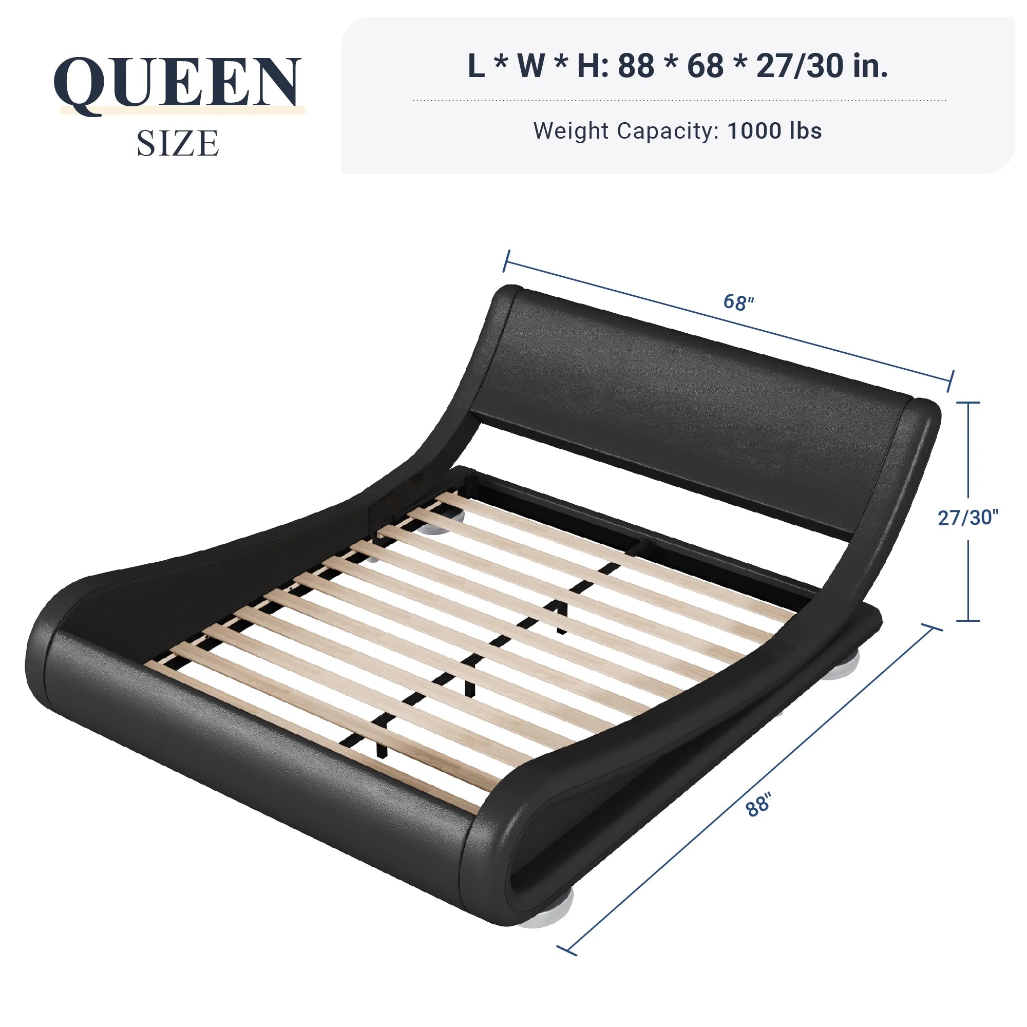 Allewie Queen Size Low Profile Modern Upholstered Platform Bed Frame with Ergonomic & Adjustable Headboard, Black