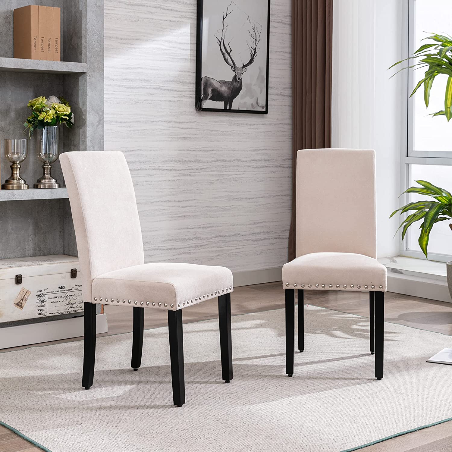 AOKHNBF Dining Chairs Upholstered Living Room Chairs Fabric Padded Parson Chair Kitchen Living Room Armless Side Chair with Silver Nails and Solid Wood Legs (Beige)