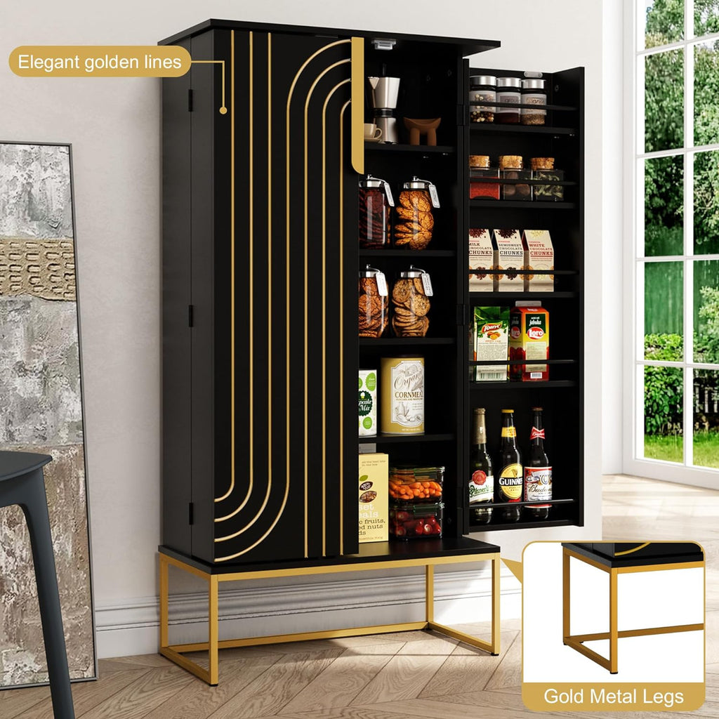 46.5'' Accent Wood Kitchen Pantry with Doors, Storage Cabinet with Adjustable Shelves, Food Pantry Cabinet for Kitchen, Dining Room, Living Room and Garage, Metal Legs,Black